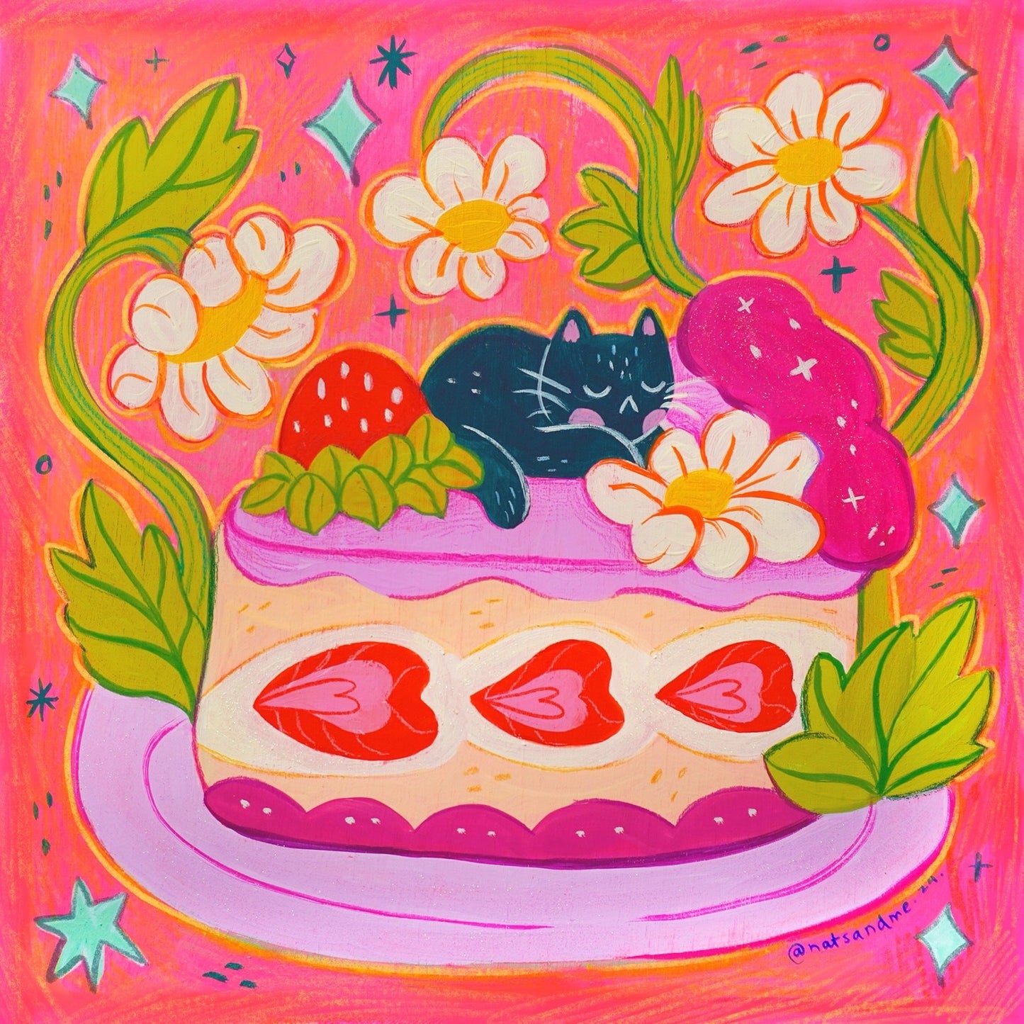 Strawberry Dreaming Cat  ♡ Original Painting