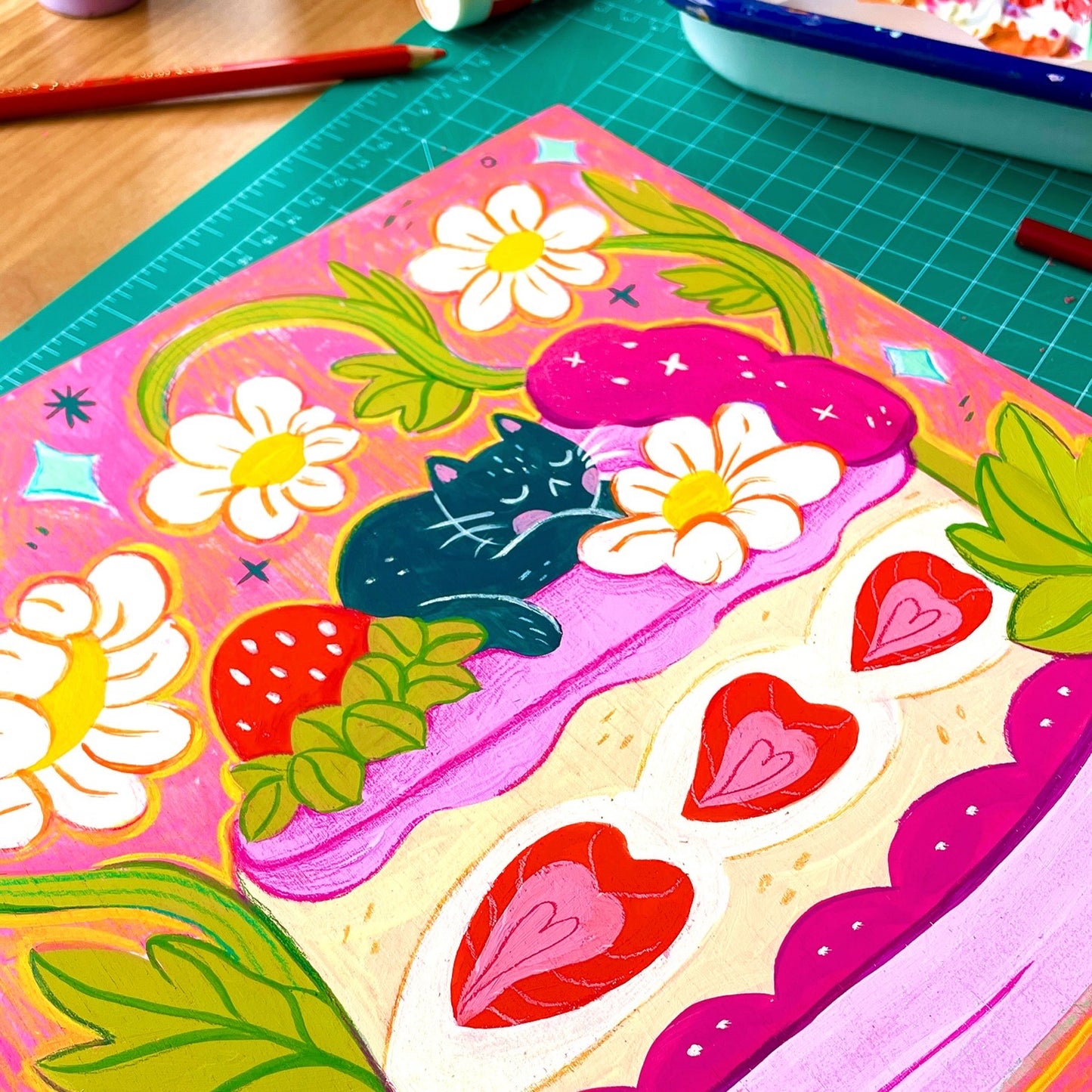 Strawberry Dreaming Cat  ♡ Original Painting